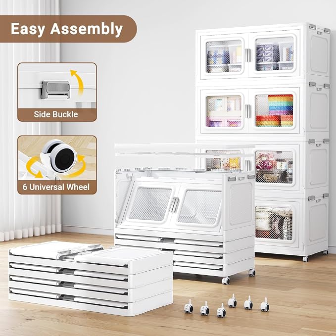 BROVIEW 300 Qt Extra Large Stackable Storage Bin with Lid, 1 Pack White | 75Gal Extra Large, Collapsible Storage Boxes with 1 Lid, Folding& Rolling Plastic Drawer, Heavy-Duty Cabinet Organization