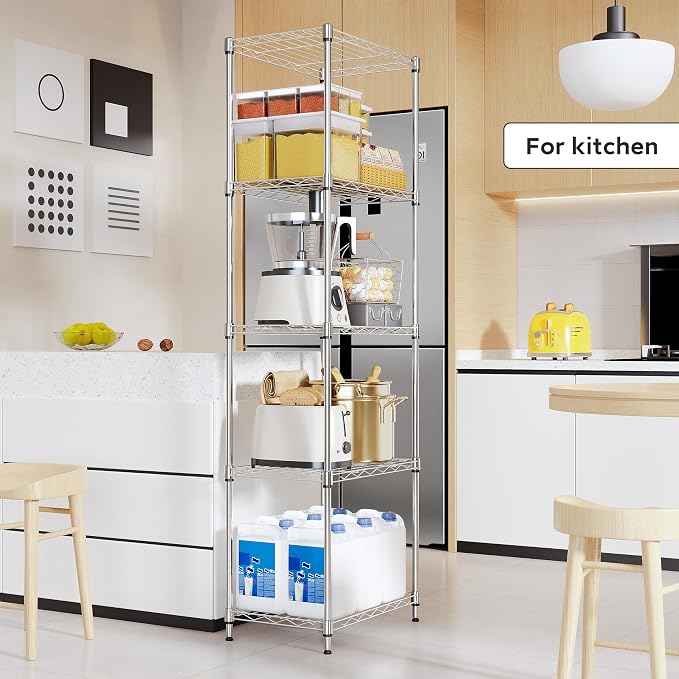M MZG 5 Tiers Shelf Metal Storage Shelves Wire Rack Closet Organizers with Wheel for Garage Kitchen Bathroom Laundry Chrome 11.8" D x 17.7" W x 55" H
