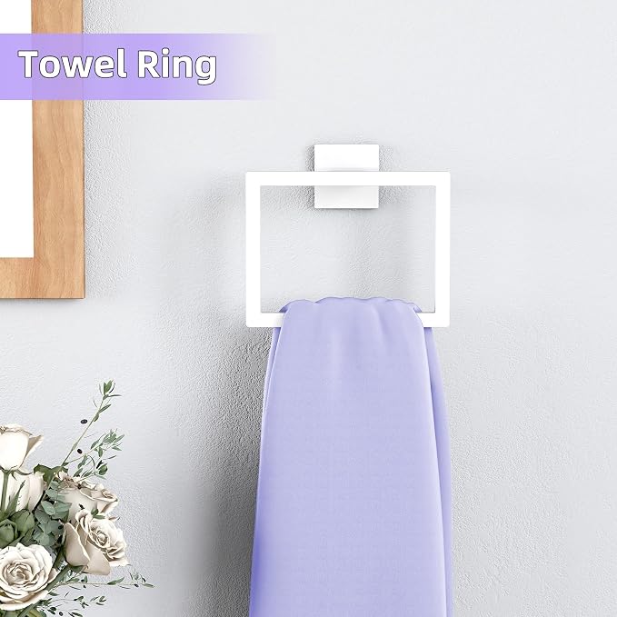5-Pieces Bathroom Hardware Accessories Set, 24 Inch Stainless Steel Towel Racks for Bathroom, Towel Bar Set Towel Ring Coat Hook and Toilet Paper Holder with Shelf Wall Mounted, White