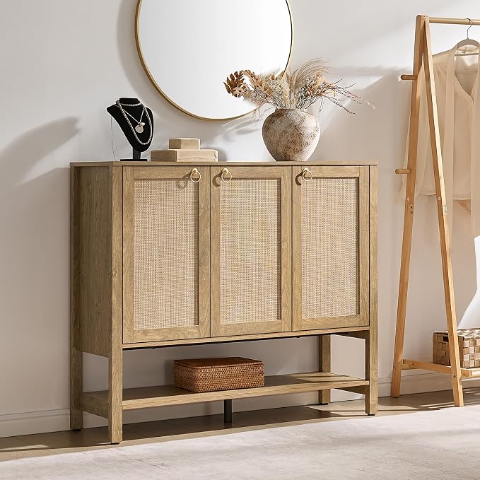 SICOTAS Rattan Shoe Cabinet with Storage, 30 Pairs Boho Shoe Organizer | Tall Farmhouse Shoe Rack Cabinet with 3 Doors & Adjustable Shelves for Entryway, Hallway, Living Room, Closet