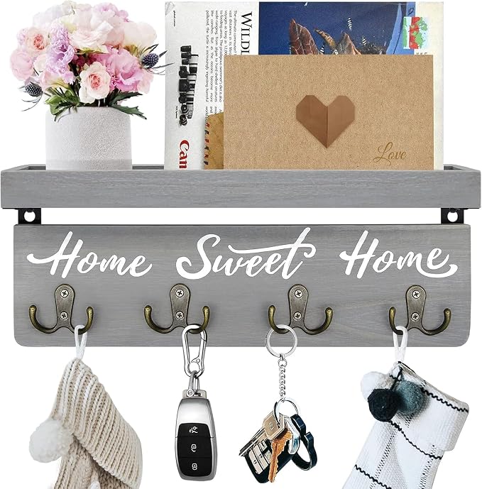 buways Key Holder Wall Mount with 4 Double Hooks-Solid Wood Wall-Mounted Organizer for Keys&Mail Rustic Key Rack Hanger Holder Home Decor for Entryway Living Room (Gray)