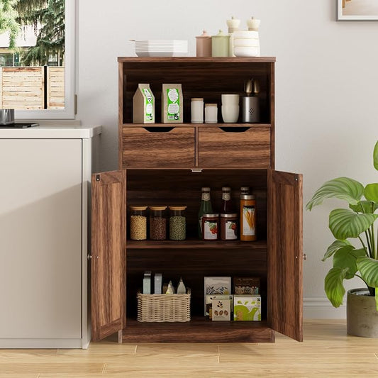 Walsunny Floor Storage Cabinet, Organizer with Doors and Drawers, Freestanding Side Cupboard Pantry with Adjustable Shelf for Bathroom/Living Room, Walnut Brown