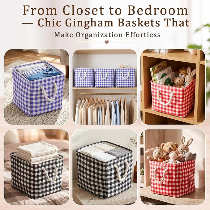 6 Pack Gingham Storage Bins, 11 Inch Cube Fabric Storage Baskets | Foldable Fabric Cube Baskets with Reinforced Handle,Checkered Classroom Storage Bins, for Shelves, Closets, Room Organization