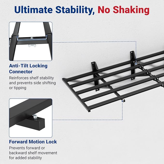 FLEXIMOUNTS 2-Pack 2x6ft Garage Wall Shelving with 8 Hooks, 1200lbs, Black | Heavy Duty Garage Shelving Wall Mounted, Rustproof Finish, Storage for Power Tools, Garden Supplies, Storage Bin, Lite Series