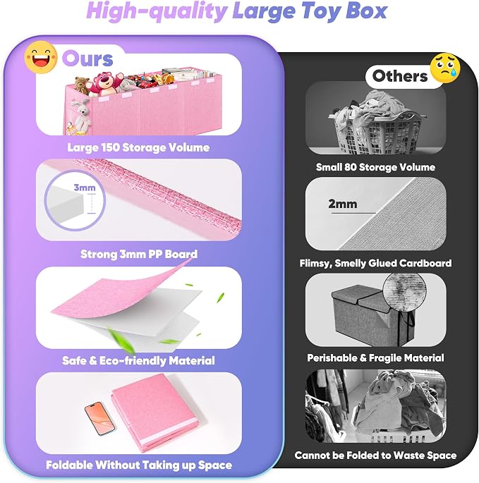 Extra Large Toy Box with Lids, Collapsible Storage Chest, 40"x16"x16" Pink | Sturdy Toy Storage Organizer with Dividers, Toybox for Kids Boys Girls, Bedroom Nursery Playroom Organization
