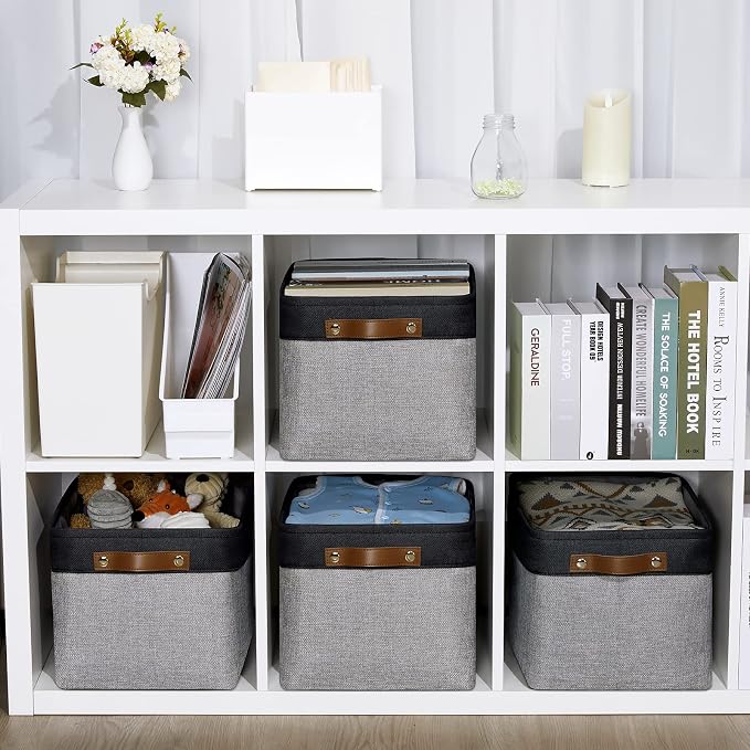 DULLEMELO Canvas Storage Bin with Handles, Fabric Bins for Shelves, Bedroom, Office,Nursery,Fabric Storage Baskets for Toys, Clothes,Gift(Black&Grey,L-15"x11"x9.5",4-Pack)