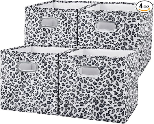 ANMINY Leopard Cheetah Print Storage Cubes Bins, Velvet, Gray, 13Inch 4PCS | Collapsible & Washable, PP Board Frame, Built-in Metal Handles, Animal Themed Fabric Cubes Baskets for Closet Shelves Decor