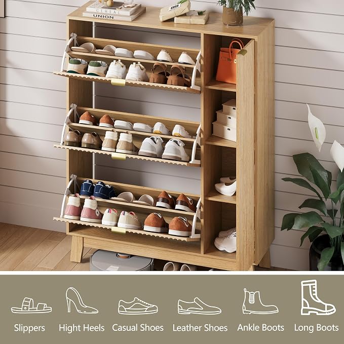 Shoe Cabinet Storage for Entryway with 3 Flip Drawers & Side Cabinet, Fluted Narrow Shoe Organizer with Wooden Leg, Freestanding Shoe Storage Hidden Shoe Rack Organizer for Front Door Entrance, Oak
