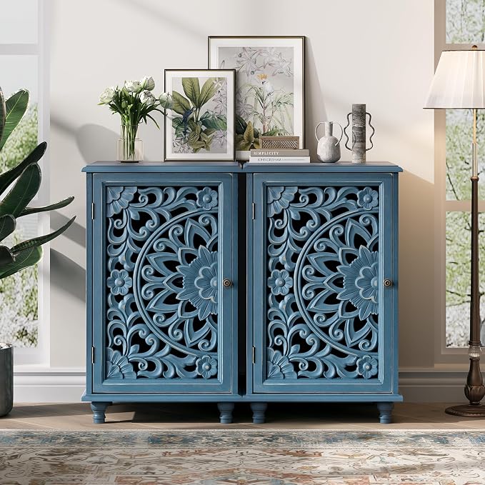 JOINICE Accent Cabinet with Hand-Carved Door for Living Room/Bedroom | Hand-Carved Floral Design, Farmhouse/Rustic Style, Space-Saving, Sofa Table, Solid Wood Legs, Adjustable Shelf, Easy Assembly