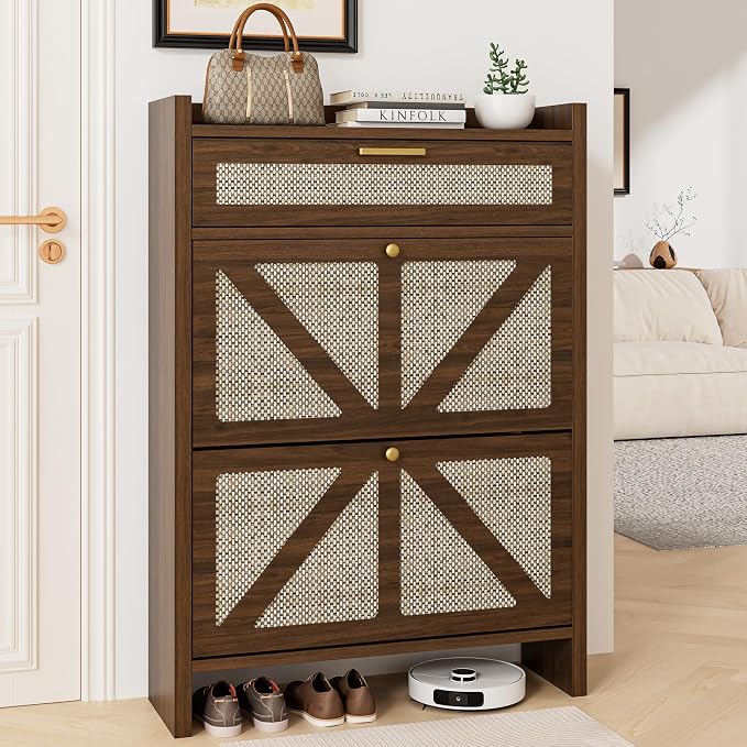 Rattan Shoe Storage Cabinet - Hidden Entryway Shoe Storage with Adjustable Shelf, Slim Shoe Organizer Cabinet with 2 Flip Drawers & 1 Drawer, Modern Shoe Cabinet Storage for Hallway Entrance