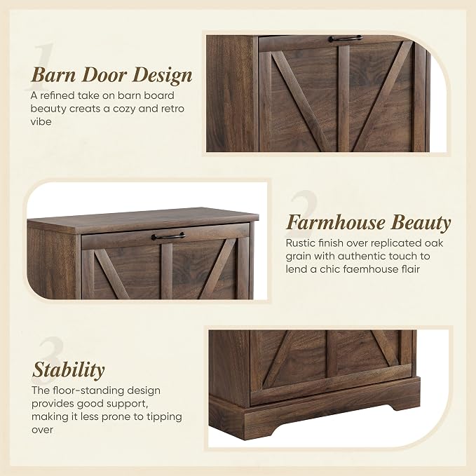 Semiocthome Farmhouse Shoe Storage Cabinet with 2 Flip Drawers, 23.6"(W) Freestanding Shoe Organizer with Barn Door and Metal Handles for Entryway, Corner Rustic Narrow Shoe Rack Cabinet - Walnut