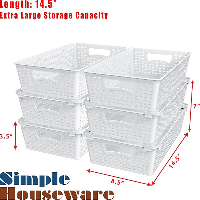 Simple Houseware Stackable Plastic Woven Basket Organizer, 6 Pack, White | 14.5" D x 8.5" W x 3.5" H