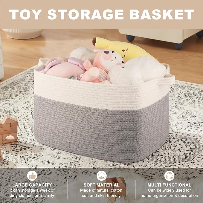 OIASKET Blanket Basket for Living Room, Cotton Rope Basket for Storage, Toy Baskets Bin for kids, Woven Baskets with Handles for Clothes, Towels, Pillows, 20" x 16" x 12", Grey and White