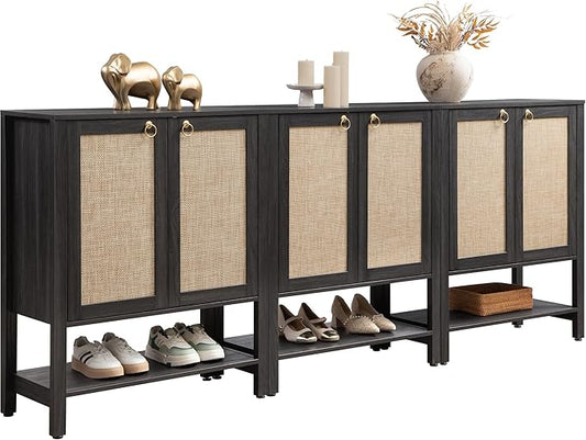 SICOTAS Rattan Shoe Cabinet with Storage, 5 Tier, 3 Pieces | Farmhouse Shoe Organizer with Doors & Shelves,Free Standing Shoe Rack Cabinet for Entryway, Hallway, Foyer (Obsidian)
