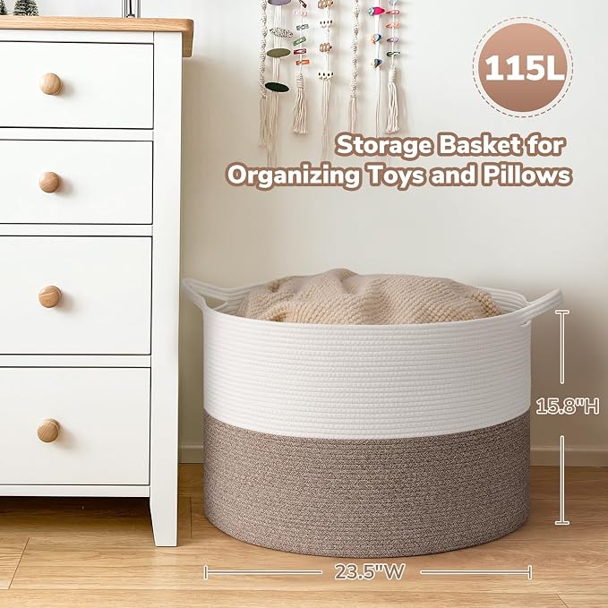 Goodpick Extra Large Woven Blanket Basket Living Room & Playroom, 115L | 23.5 x 23.5 x 15.8 In Woven Basket for Storage, Kids Toy Storage for Playroom, Laundry Basket for Towels, Mele