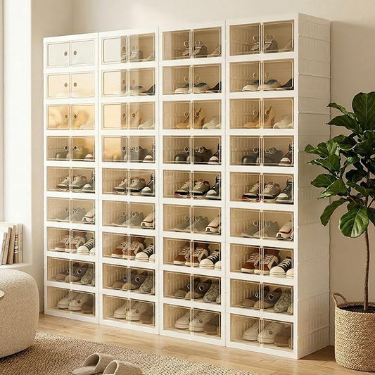 Foldable Shoe Organizer Storage Box Set of 4, Portable Extra Large Folding Shoe Rack for Closet, Shoe Storage Box with Magnetic Transparent Door and Wheels, 9 Layers 18 Grids with 4 Big Grids