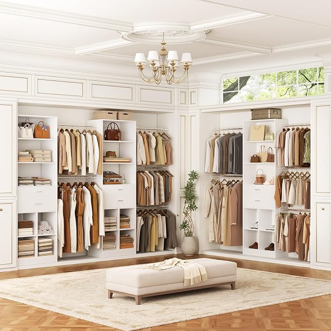 Besiost Closet System with Smart Sensor Lights, 4-8 FT Closet Organizer System with 2 Wooden Drawers and 5 Hanging Rods, Can Fit 60 to 96 inch Built-in Walk-in Closet System, White