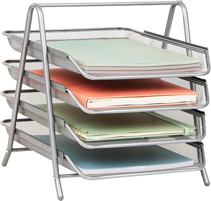 Mind Reader 4-Tier Paper Tray, Desktop Organizer, File Storage, Office, Metal Mesh, 12"L x 13.75"W x 12.5"H, Silver