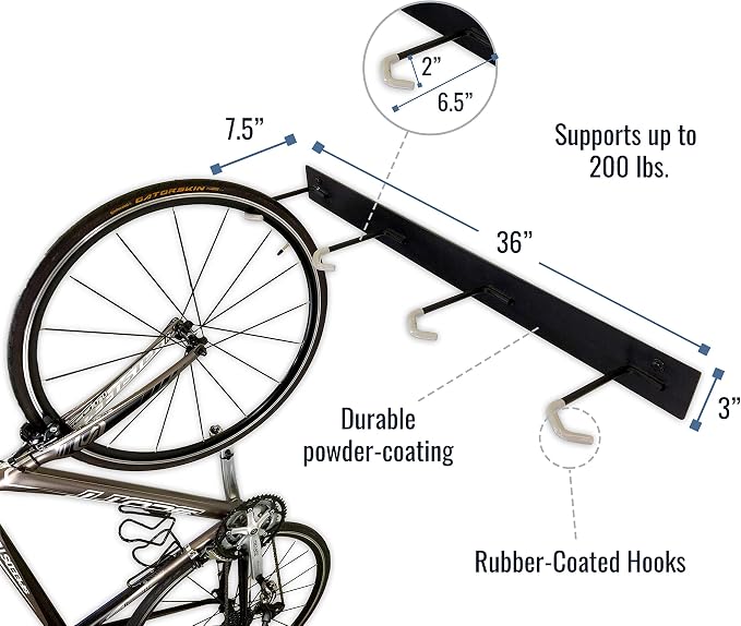StoreYourBoard Virginia Bike Co BLAT 8 Bike Racks, Garage Wall Mount Bike Storage, Heavy Duty Solid Steel Bike Hooks, up to 400lbs, 72-inch
