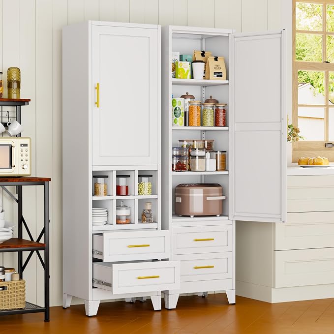 Tall Metal Narrow Storage Cabinet 67" H with 2 Drawer, White Pantry Cabinets with 3 Adjustable Shelves and Door,Tall Bathroom Cabinet for Kitchen, Home Office, Living Room, Dining Room