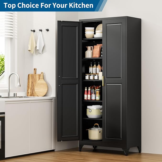 75" Tall Black Metal Storage Cabinet with Doors, Heavy Duty | Freestanding Steel Kitchen Pantry Cabinet, 5 Adjustable Shelves (180 Lbs Load), Tall Cabinets for Home, Office and Garage