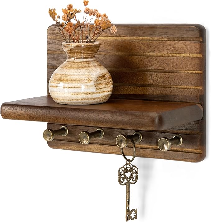 Rebee Vision Acacia Wood Key Holder Wall Mount with Shelf, Key Hooks, Brown | Small Key Holder, 4 Key Hooks, Floating Shelf, Mail Organizer, Compact Storage, Practical Daily Use, Apartment Essential