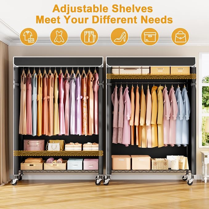 P6C Plus Rolling Clothes Rack with Cover, Covered Clothing Rack | Portable Closets for Hanging Clothes, Heavy Duty Garment Rack on Wheels, Black Closet Rack with Black Cover, Max Load 375LBS