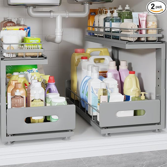 Under Sink Organizer Upgrade To Professional Rails,2-Tier Dual Pull Out Cabinet Storage,Height Adjustable Slide Out Drawers For Bathroom Kitchen,2 Pack-18.5"Dx12.8"-16.9"H,Gun Gray