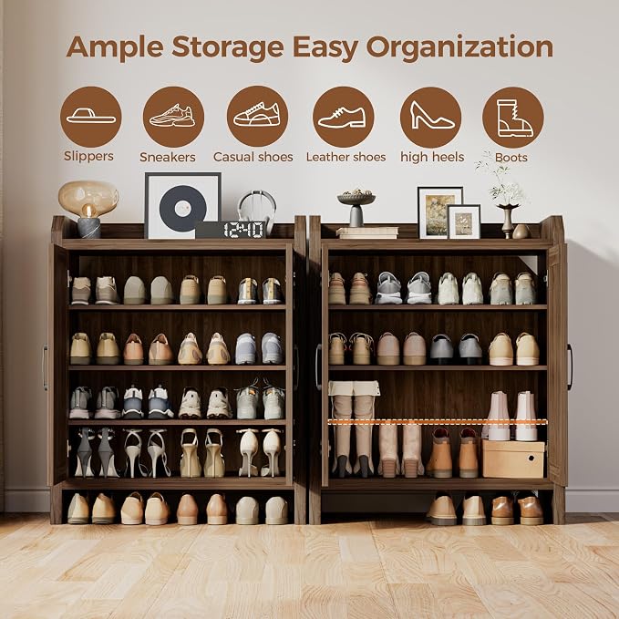 Shoe Cabinet Storage for Entryway, Natural Rattan Storage Cabinet, Wooden Shoe Rack, Farmhouse Boho Wood Shoe Organizer Cabinet for Hallway Walnut