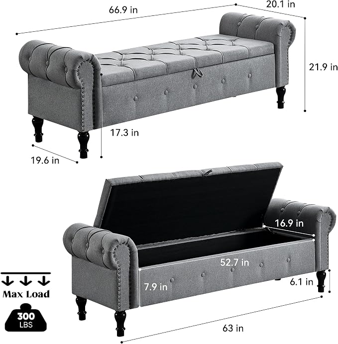 Storage Bench 67" Linen End of Bed Benches Grey | King Size Storage Bench for Bedroom with Rolled Arms Tufted Ottoman Benches Upholstered Bench for Living Room Entryway