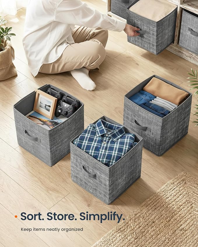SONGMICS HOME Foldable Storage Cubes Set of 8, Fabric Shelf Organizer Bins with Handles, Closet Storage Boxes for Clothes, 12 x 12 x 12 Inches, Gray