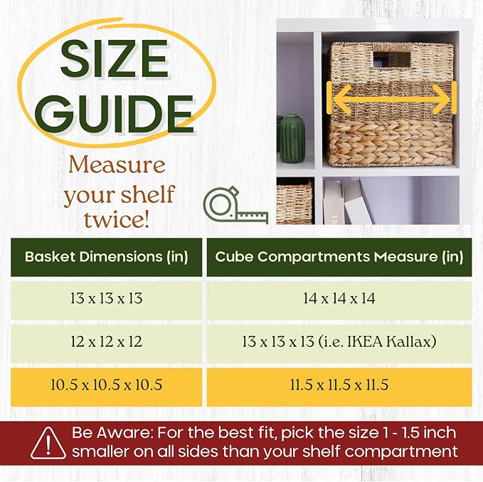11x11 Wicker Storage Cubes Storage Baskets For Shelves Set 4 | 10.5 x 10.5 Water Hyacinth Storage Baskets Woven With Seagrass, Palm Leaf. Foldable Square Baskets With Carry Handles