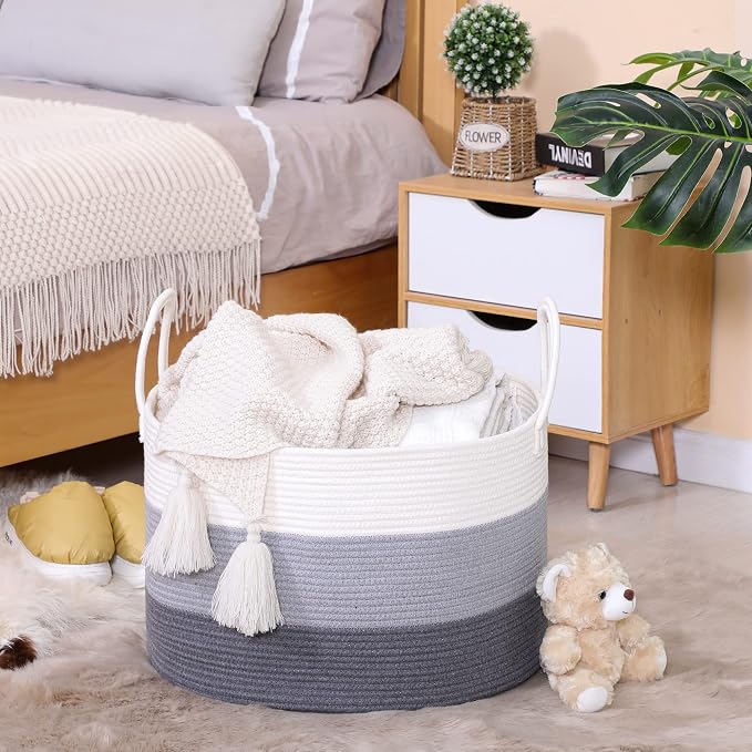 KAKAMAY Large Blanket Basket (20"x13"),Woven Baskets for storage Baby Laundry Hamper,Cotton Rope Blanket Basket for Living Room, Laundry, Nursery, Pillows, Baby Toy chest with Handles (White/Grey) | Extra Large Capacity | Natural Cotton Rope | Blanket ...