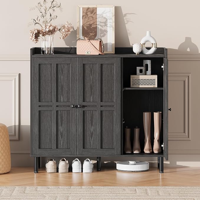 Shoe Storage Cabinet with 3 Doors, 8-Tier Shoe Cabinet with 5 Adjustable Shelves and Metal Legs, 40'' Tall Shoe Rack Organizer Cabinet for Entryway, Front Door, Black