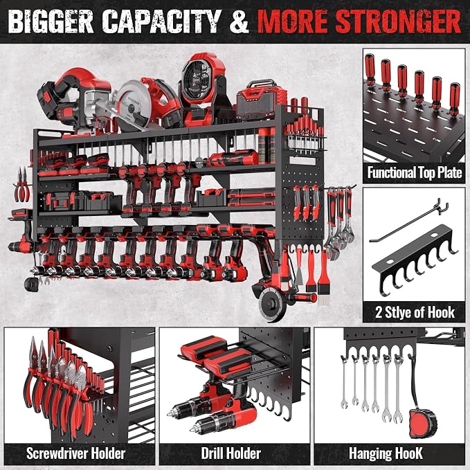 49.8" Power Tool Organizer Wall Mount,Holds 18 Cordless Drills | Large 4-Tier Tool Storage Rack, Heavy Duty 450 lb Load Capacity for Garage Workshop, Black, Gift for Men
