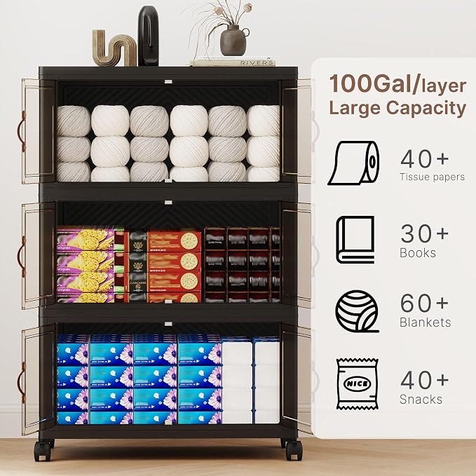 452QT Extra Large Stackable Storage Bins with Lids & Wheels | & Door,Total 113Gal for 3-Tier set Foldable Collapsible Closet Organizers, Plastic containers drawers for bedroom Dorm