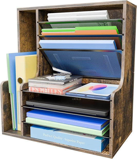 Simple Trending 7- Tier Desk File Organizer, Paper Organizer, Rustic Brown | Adjustable Letter Trays, Wooden Desk Accessories with Side File Holder, for Office Home Classroom, 16"L x 9"W x 17"H