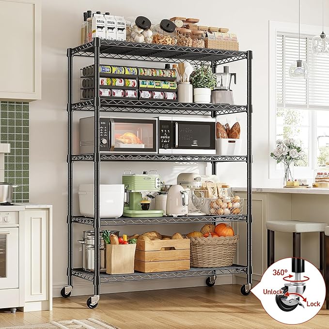 REIBII 5-Tier Storage Shelves 1660LBS Wire Shelving Unit with Wheels | 73''H heavy duty shelves,lock casters or switch to leveling feet, tool-free setup, fits kitchen,pantry,garage,black