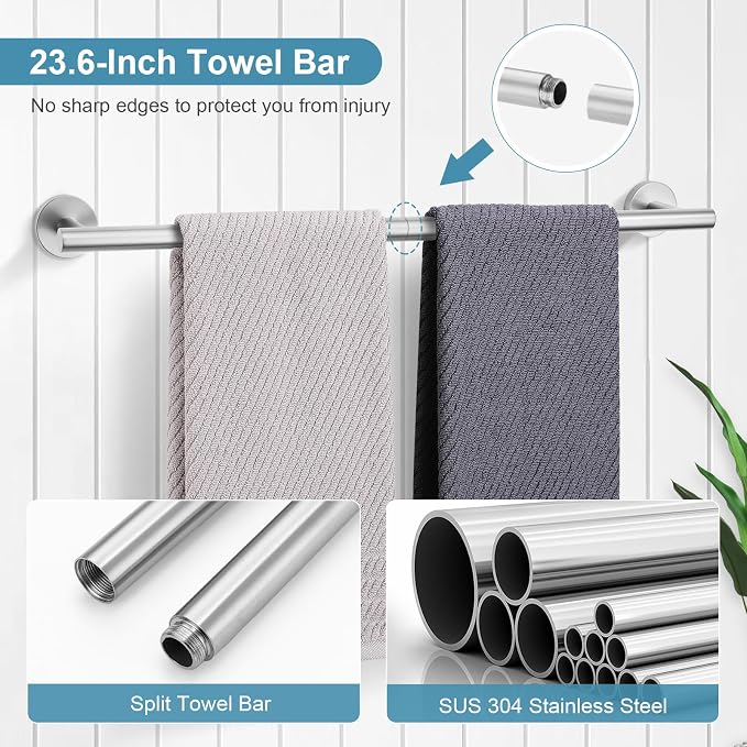 TQKAG Bathroom Towel Bar Holder Sets Brushed Nickel 23.6 Inch Round Stainless Steel Towel Bar Set 5 Piece Bathroom Accessory Set Wall Mounted