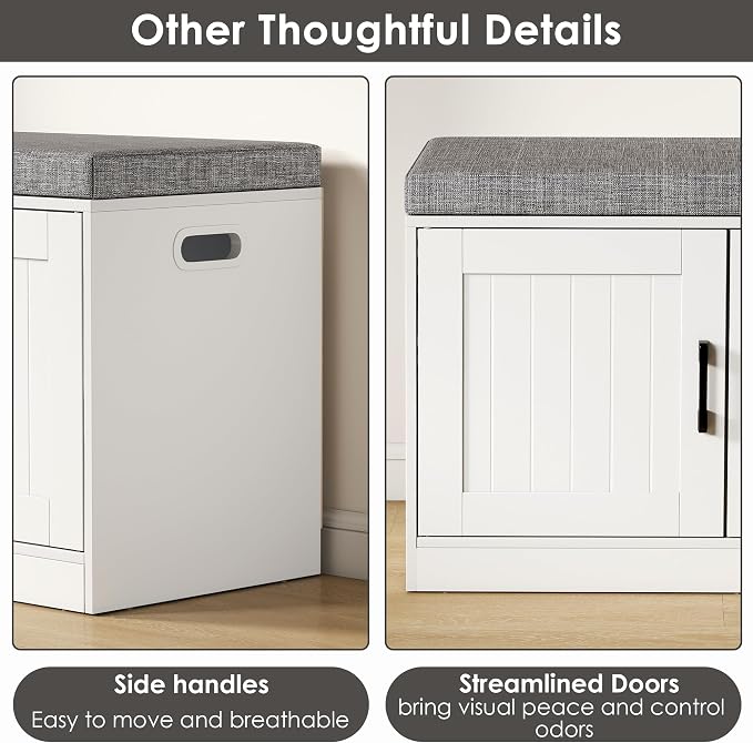 3-Tier Shoe Storage Bench with Adjustable Shelf, Large Capacity Entryway Shoe Bench with Thickened Padded Seat Cushion and 3 Doors for Entry, Bedroom, Hallway (White,42.5 * 14in)