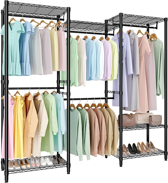 Heavy Duty Garment Rack Stable Clothes Rack for Hanging Clothes Wardrobe Closet with Adjustable Shelves & 5 Hanging Rods 76.5" H x 67.6" L x 15.5" W Black