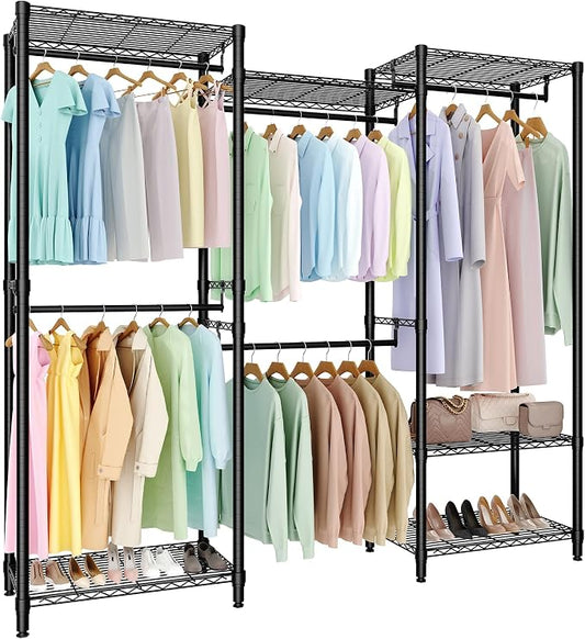 Heavy Duty Garment Rack Stable Clothes Rack for Hanging Clothes Wardrobe Closet with Adjustable Shelves & 5 Hanging Rods 76.5" H x 67.6" L x 15.5" W Black