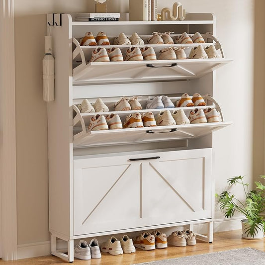 EOYUTLLY Shoe Cabinet Storage for Entryway, Narrow Shoe Rack with 3 Flip Drawers, Freestanding Hidden Shoe Rack Storage Organizer, Slim Shoe Cabinet White with Metal Legs