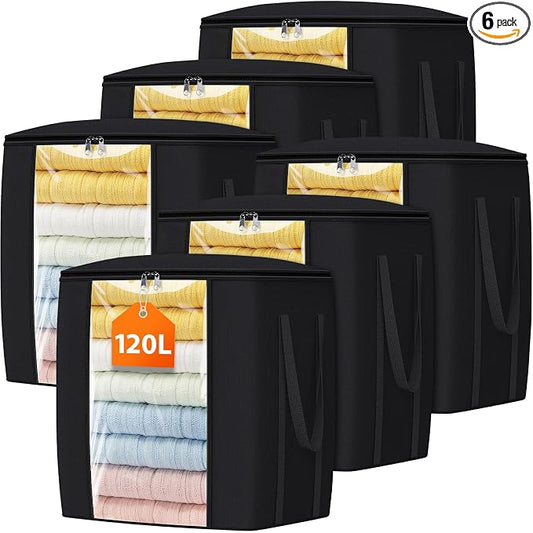 TasticTotes 120L Extra Large Blanket Clothes Storage Bags, Gray, 6 Pack | Foldable Blanket Storage and Organization, Thick Fabric Containers with Reinforced Handles & Zippers for Comforters, Bedding