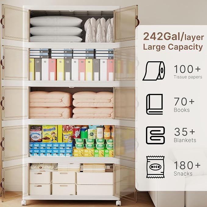 1120QT Extra Large Stackable Storage Bins with Lids & Wheels | & Door,Total 280Gal for 5-Tier set Foldable Collapsible Closet Organizers, Plastic containers drawers for bedroom Dorm
