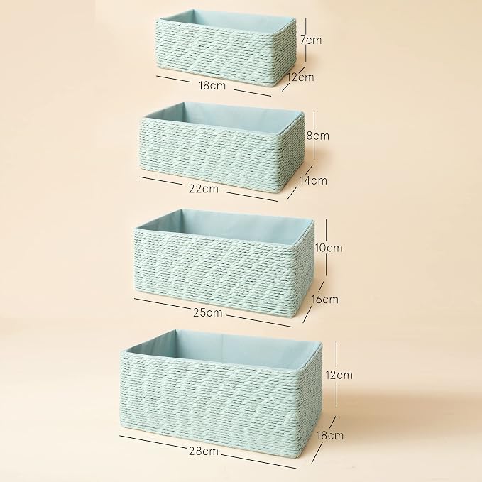 LA JOLIE MUSE Bathroom Basket Organizers, Paper Rope Storage, Green 4 Pack | Stackable, Sturdy Lined Woven Basket, Organizer for Toilet Paper, Laundry Room Essentials, Shelves and Nightstand Drawers