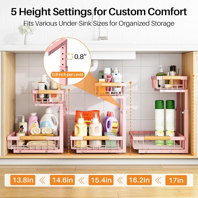 PXRACK Under Sink Organizer, Adjustable Height, 2 Tier Pull Out Under Cabinet Organizer, Slide Out Thickened Metal Under Sink Storage for Kitchen Bathroom Laundry Pantry Cabinet, Pink, Large-2-Pack
