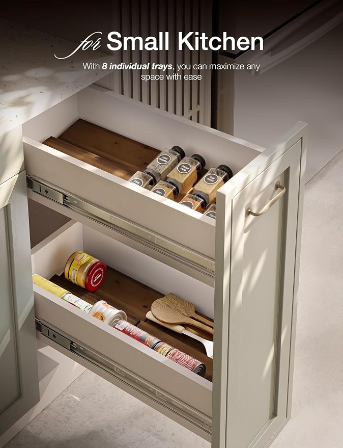 Tinamo Acacia Wooden Spice Rack Organizer for Cabinet - Spice Drawer Insert, Spice Organization for Cabinet, Seasoning Organizer, Spice Holder Pack of 8 (Walnut, Pack 8) | Acacia Wood Construction, No assembly, Stackable 4-tray design, Spacious for up ...