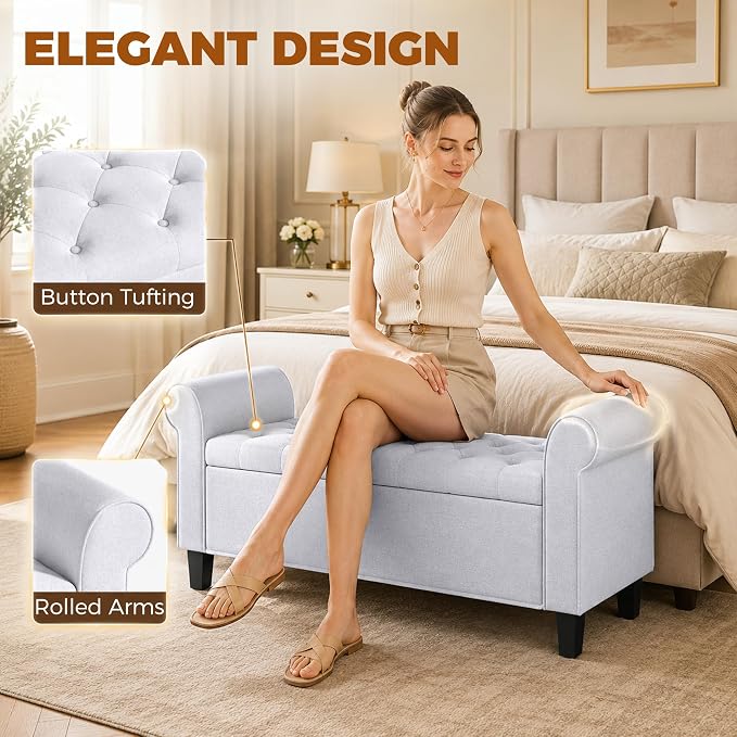 HOMCOM 47" Ottoman wih Storage End of Bed Bench with Rolled Arms Light Gray | Storage Chest, Safety Hinge, Wooden Legs, Upholstered End of Bed Bench, 528 lbs, Bedroom Entryway Living Room
