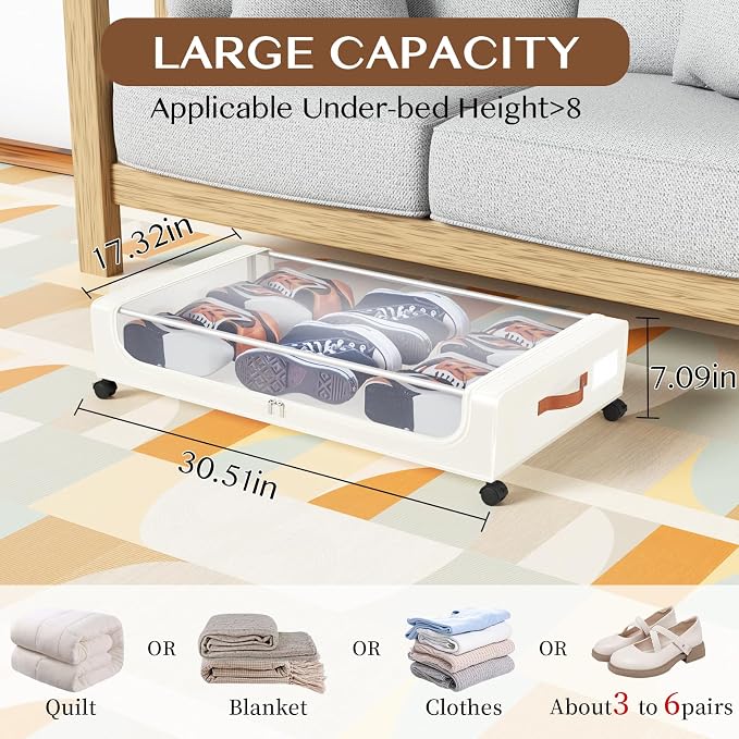 Under Bed Storage with Wheels, UnderBed Storage Containers with Clear Lid and Handles, XXL 60L Under the Bed Storage Bins Drawers for Clothes,Blankets,Shoes,Books (WHITE, 2 PACK)